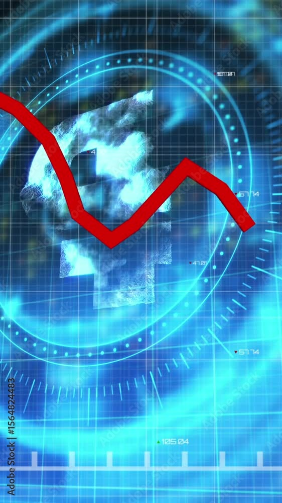 Poster Animation of financial data processing over scope scanning with pound symbol on black background