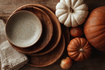 Seasonal harvest table setting with pumpkins and rustic tableware evokes autumn and Thanksgiving gatherings in a cozy home environment