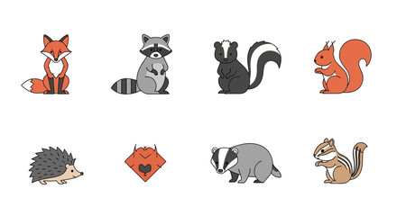 Vector cute woodland animals vector illustration featuring fox raccoon skunk squirrel hedgehog badger chipmunk art
