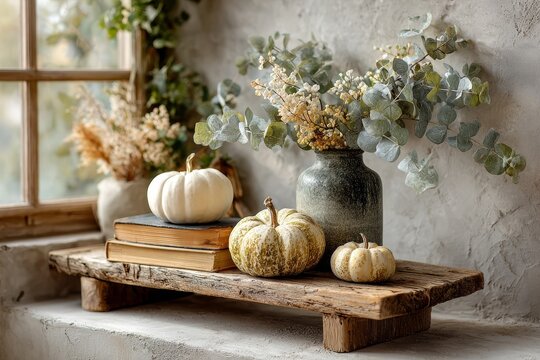 Rustic autumn home decor scene featuring pumpkins, dried botanicals, and eucalyptus in a vase on wooden shelf, evoking cozy seasonal ambiance
