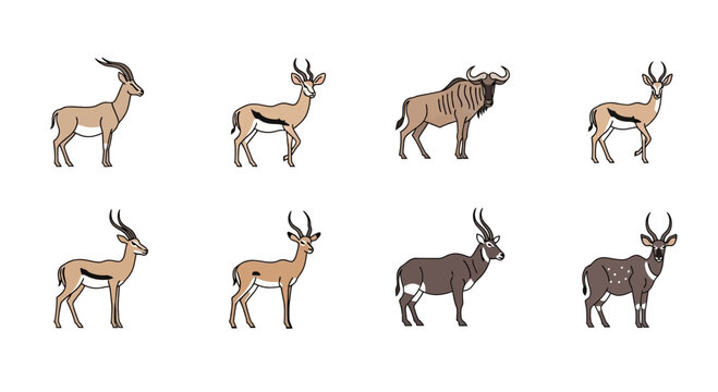 Vector illustration of african wildlife animals including gazelle springbok wildebeest and waterbuck vector drawing