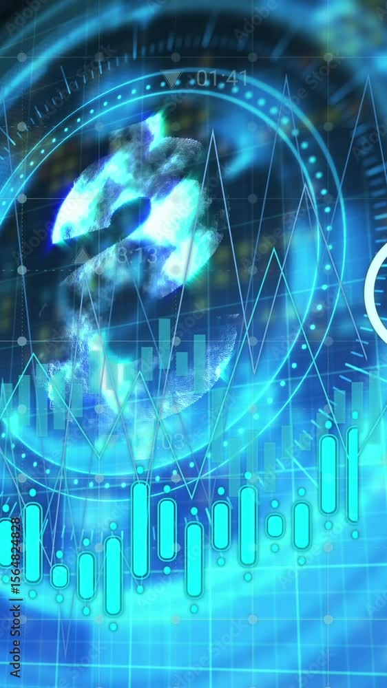 Poster animation of financial data processing over scope scanning with dollar symbol on black background