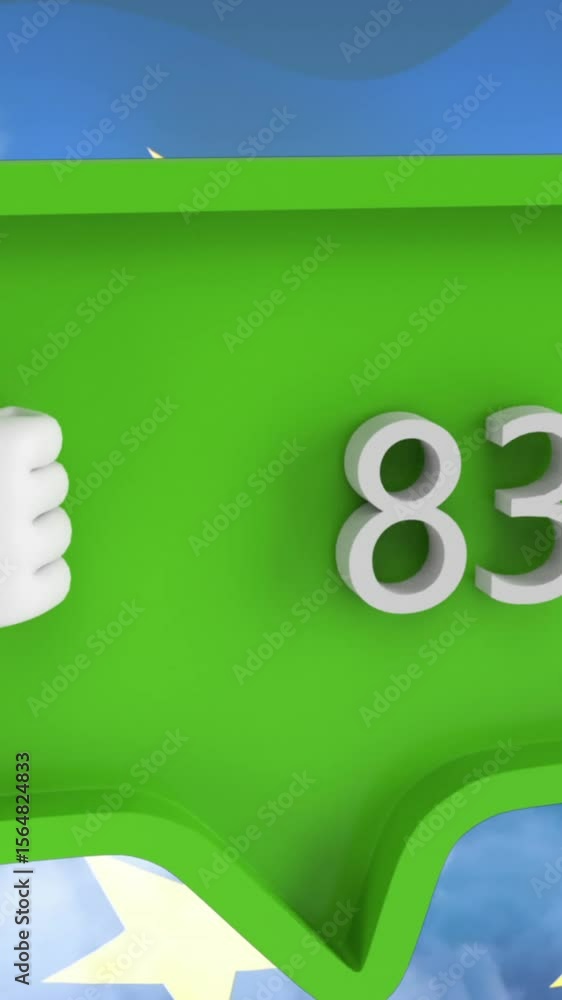 Poster animation of unlike icon with numbers on speech bubble with european union flag and clouds
