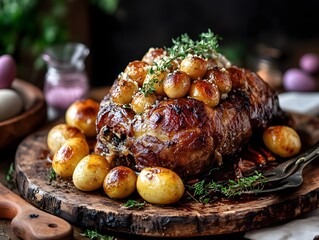 Elegant Roasted Gigot d'Agneau on Rustic Table