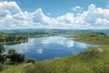 Serene Lake with Unobstructed View of Reflective Waters and Lush Surroundings