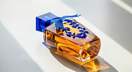  Amber Perfume Bottle with Blue Accents on White 