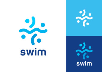 abstract wave water and people swimming logo vector design concept	

