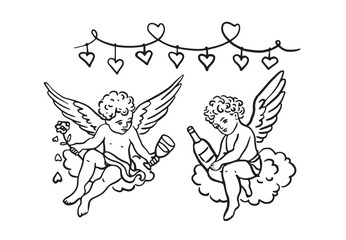 Cupids with glasses, a funny hand-drawn illustration. Love and valentine's day symbol. Isolated vector black hand drawn image.