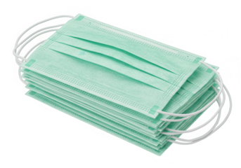 A stack of light green disposable face masks, isolated on transparent background
