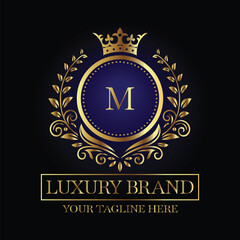 Fototapeta premium Luxurious Emblem Design with Gold Letter M and Crown on Black Background