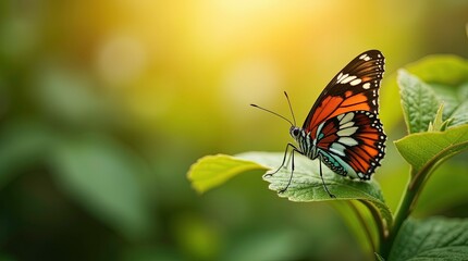 Fototapeta premium A vibrant monarch butterfly delicately perched on lush green foliage, bathed in the warm glow of the setting sun.