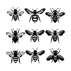 Set of Honey Bee Silhouette Clipart White Background