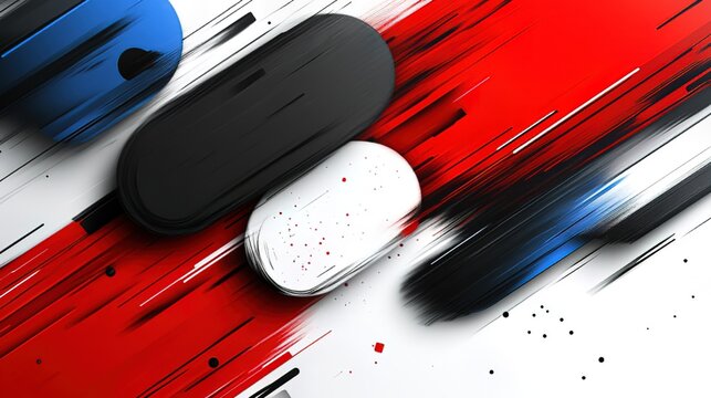 Modern Abstract 2D Flat Pattern with Dynamic Brush Strokes, Geometric Ovals and Color Blocks in Red Black Blue White Palette for Clothing Textile Design on Pure White Background - PS Material
