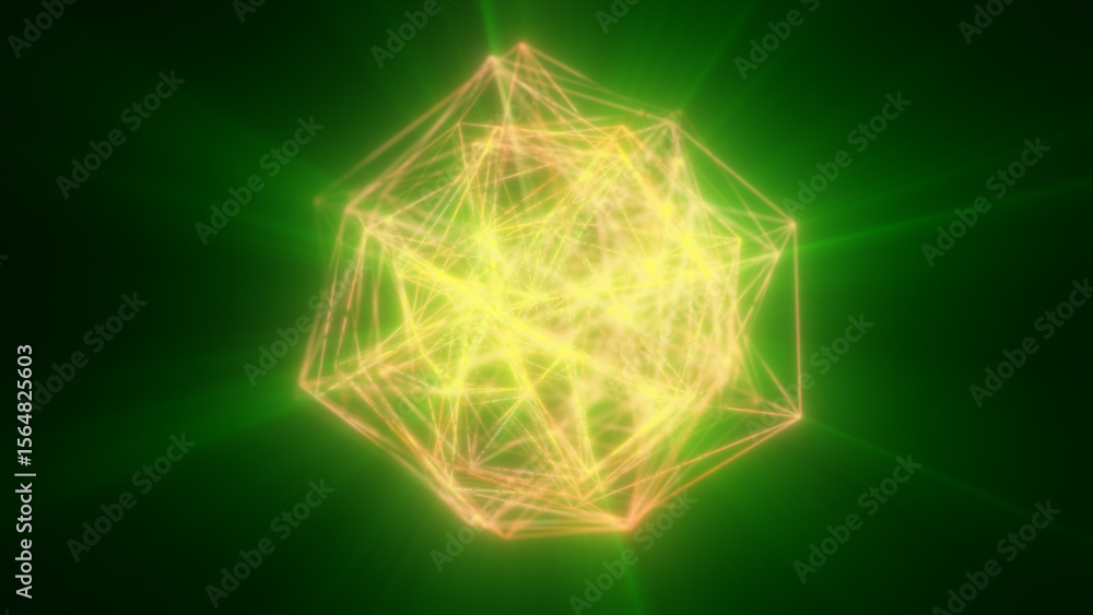 Poster vivid green glowing digital sphere with dynamic wireframe structure and light energy waves on a dark