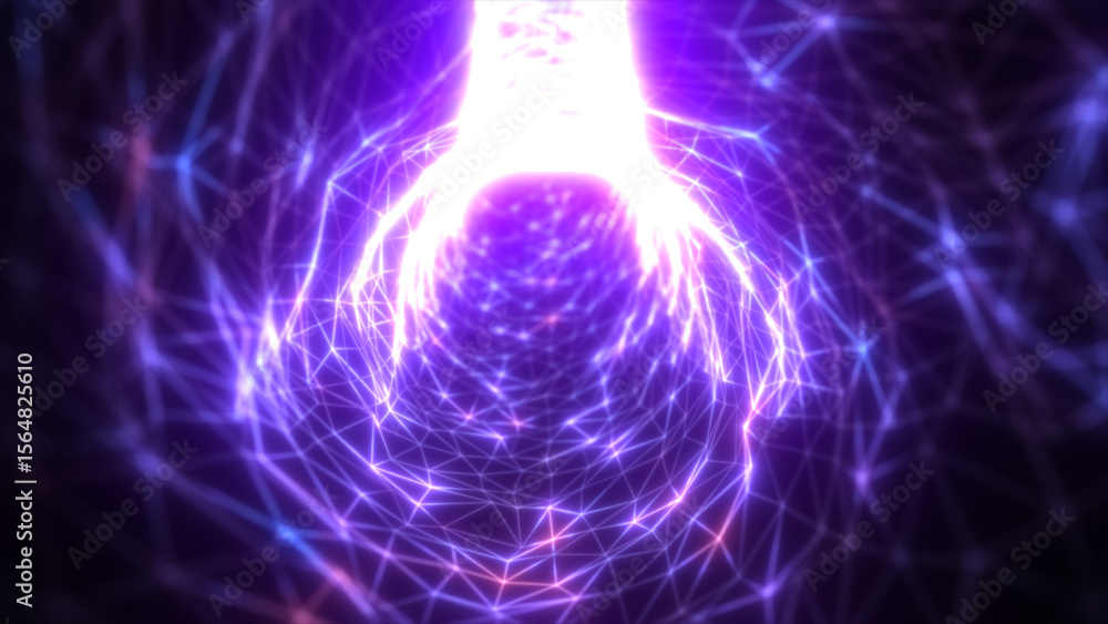 Poster purple glowing network tunnel with geometric lines and dynamic electric flow, abstract sci-fi backgr