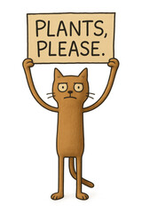 Cute orange cat holding a Plants Please sign advocating for vegan lifestyle and plant-based compassion.