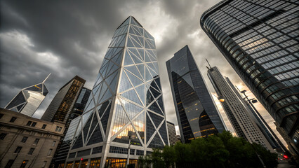 A low angle view of several modern skyscrapers under a dramatic stormy sky, reflecting the sunset in their glass facades