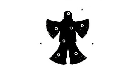 Silhouetted figure with bullet holes, symbolizing violence or vulnerability, against a stark white background.