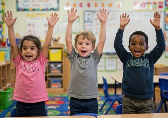 Teacher engaging with young students in a classroom setting, encouraging learning and participation. Education and child development in action.
