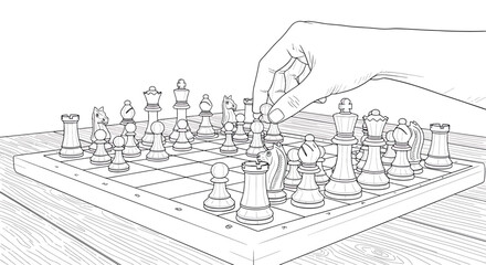 Strategic Chess Game: Hand Moving Piece on Board - Line Art Illustration