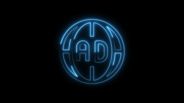 Neon blue globe with letters ad on a black background glowing animation