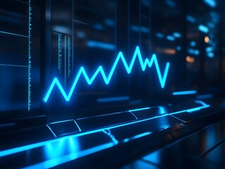 Neon Blue Glowing Up Arrow Chart On Dark Background, Growth, And Success Concept