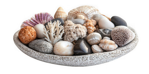 Obraz premium Coastal Bowl of Seashells, Pebbles, and Coral Decor png transparent background 