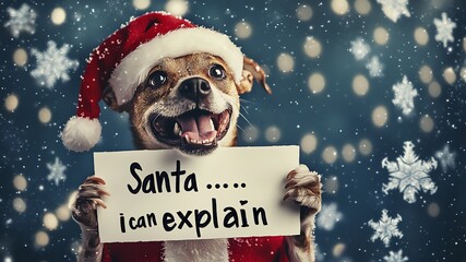 A cute Christmas illustration of a dog holding up a card saying "Santa .... I can explain" Ice blue background with snowflakes 