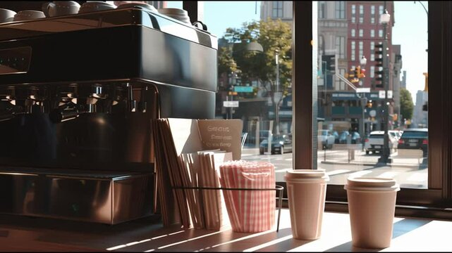 Coffee shop interior with pastries and street view in downtown area during morning hours