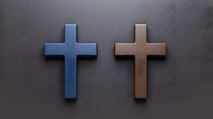 Obraz premium Blue and Brown Wooden Crosses on Dark Background Religious Symbol