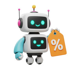 Naklejka premium A cute blue and white robot holding an orange tag with a percentage sign, isolated on transparent background
