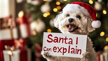 A cute Christmas illustration of a Cockapoo dog holding up a card saying "Santa ... I can explain." Ice blue background with snowflakes