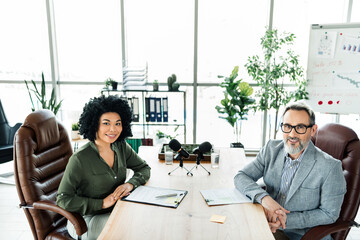 Professional business team collaborating in a modern office with diverse colleagues discussing...