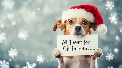 A cute Christmas illustration of a dog holding up a card saying "All I want for Christmas ..." Ice blue background with snowflakes

