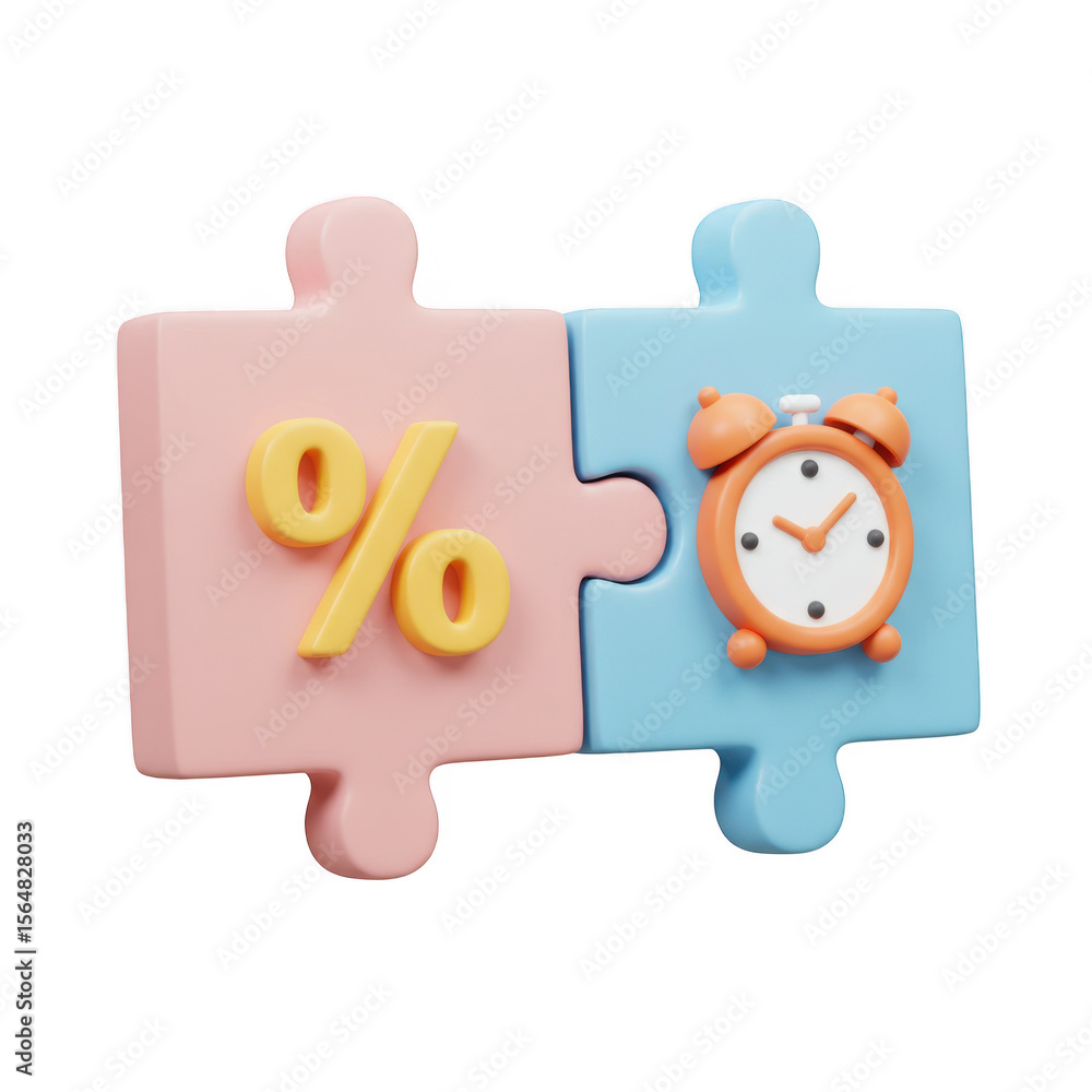 Poster two puzzle pieces, one with a percent sign and the other with a clock, isolated on transparent backg