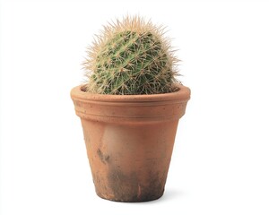 Beautiful cactus growing in a clay pot showcased against a plain background