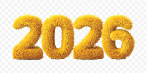 realistic 3d hairy fluffy font number 2026 in different colour style  isolated on transparent background