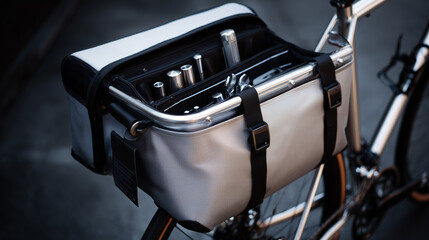 Premium bike pannier with reflective silver lining stores tools safely for cycling adventures in low-light
