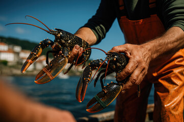 From Sea to Shore: Fisherman's Hands Grasping a Lobster Along the Atlantic Coast of the Iberian Peninsula

