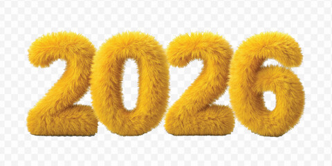 realistic 3d hairy fluffy font number 2026 in different colour style  isolated on transparent background