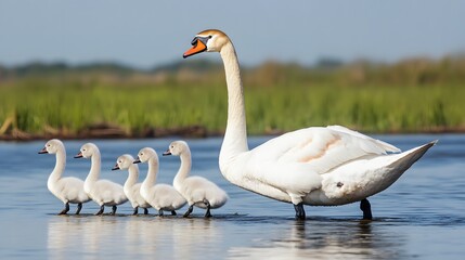 Obraz premium Majestic Swan Family Gracefully Swimming in Lake