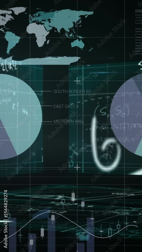 Poster animation of mathematical equations and statistical data processing against blue background