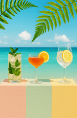 Holidays. Colorful tropical cocktails are displayed with palm leaf shadows, evoking a vibrant, exotic atmosphere. Concept of summer relaxation, travel and vacation in tropical paradise.
