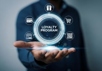 Businessman holding a glowing circle with loyalty program icons for customer retention and rewards