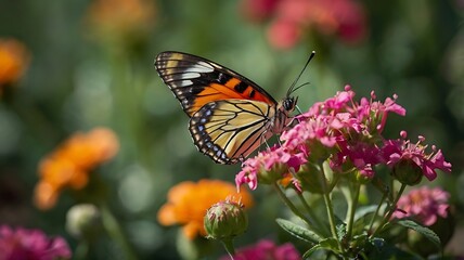 Naklejka premium A painted lady butterfly rests on pink lantana flowers in a vibrant garden on a sunny day outdoors