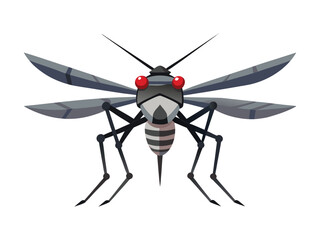 Stylized cartoon mosquito with large red eyes and striped body on a white background

