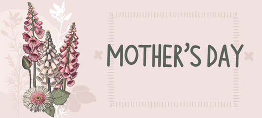 Mother's Day,happy mother's day! Digital, botanical illustration in flat style with pink flowers,leaves,blades of grass. For printing,branding,advertising