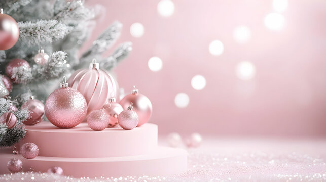 Elegant pink christmas scene with tree ornaments and bokeh lights background