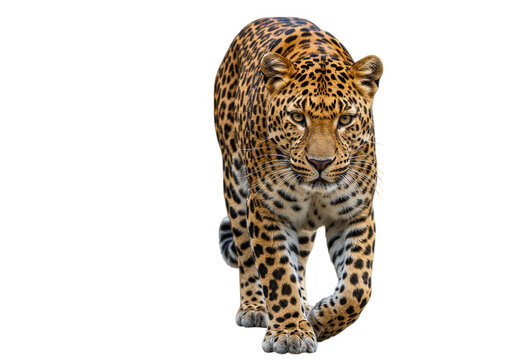 A majestic leopard walking forward with a focused gaze, isolated on transparent background