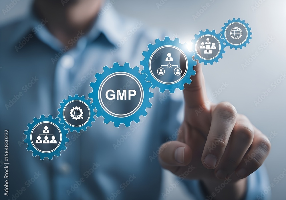 Poster business professional interacting with a chain of gears representing gmp and global business process